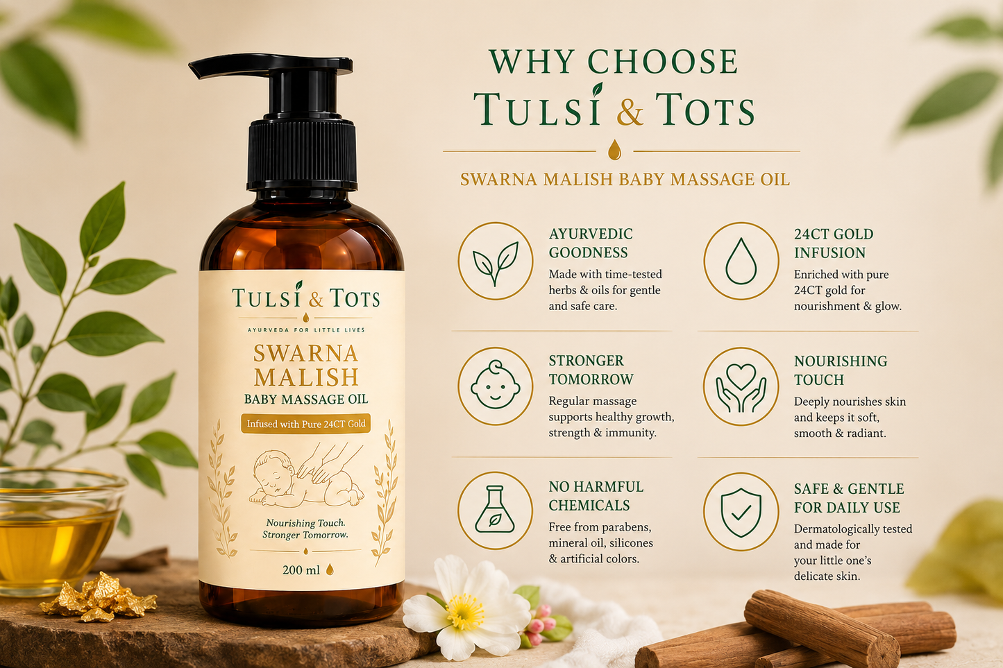Tulsi and Tots Swarn Malish Ayurvedic massage oil 200ml